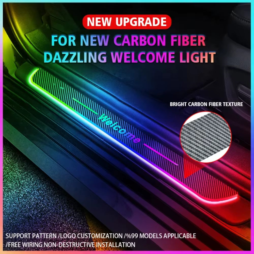 4Pcs Dream Color Carbon Fibre LED Door Sill Lights, LED Door Sill Pro with 28 Lighting Colors,Wireless Car Door Pedal Lights